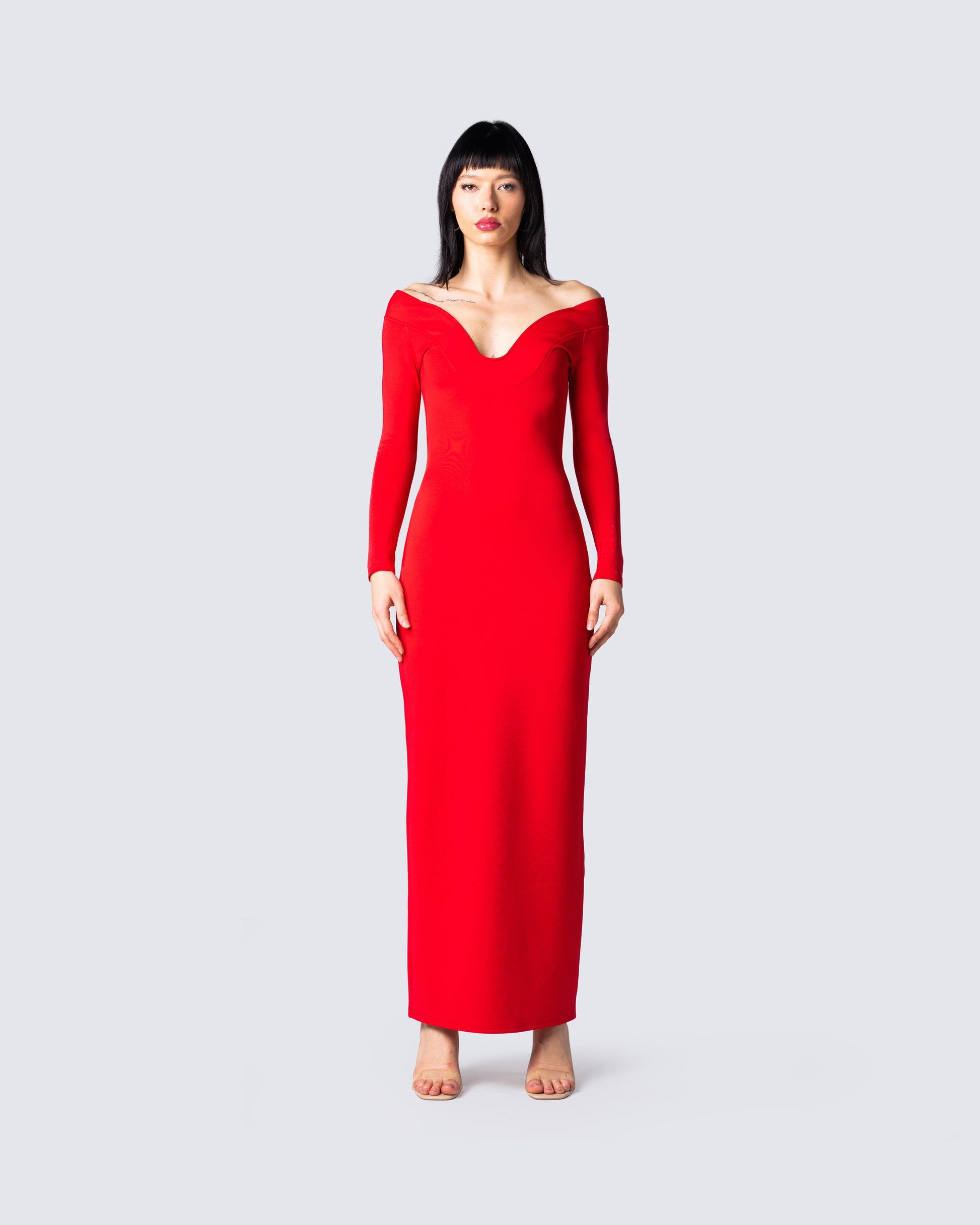 Red Off-Shoulder Maxi Dress - Long Sleeve Bodycon Gown FINESSE Red Off-Shoulder Maxi Dress - Long Sleeve Bodycon Gown FINESSE