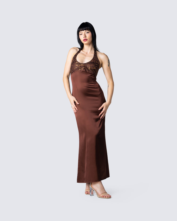 Leana Brown Halter Dress