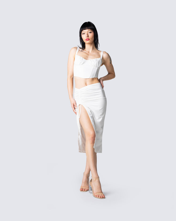 Adely White Shirred Midi Skirt