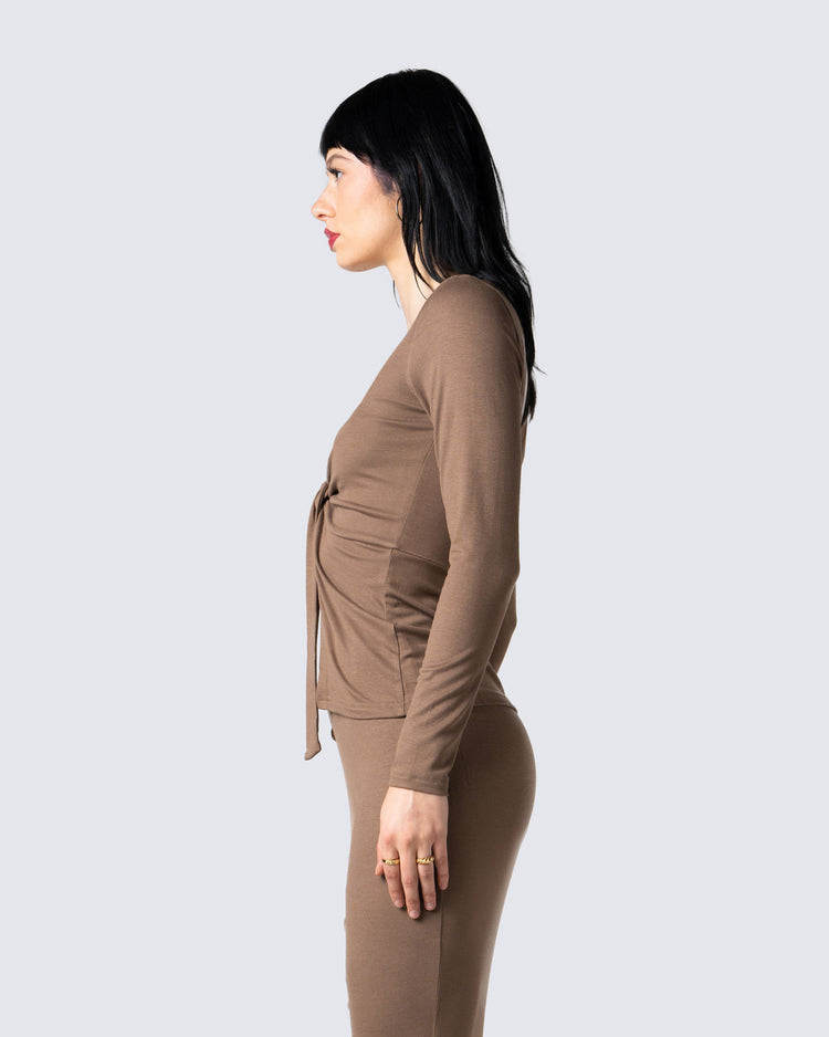 Abra Taupe Tie Front Top