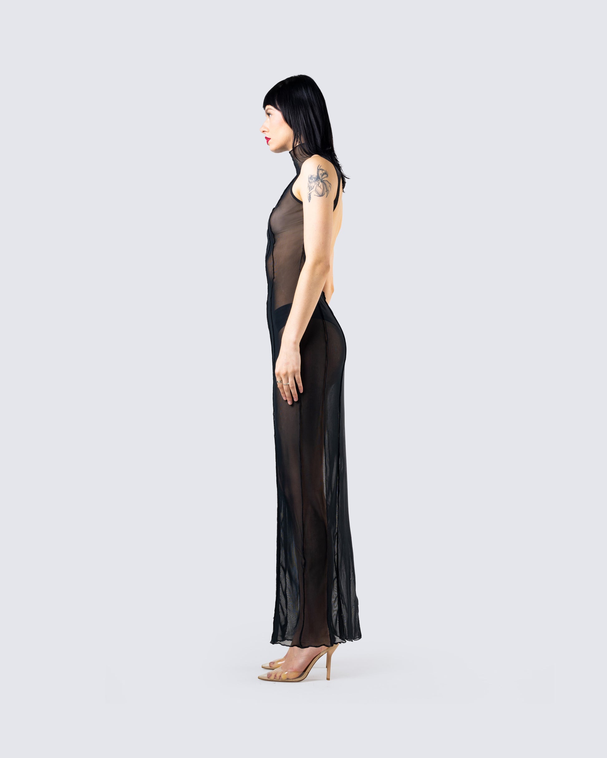 Black Mesh Bodycon Maxi Dress - Sheer Panel Sleeveless FINESSE Black Mesh Bodycon Maxi Dress - Sheer Panel Sleeveless FINESSE