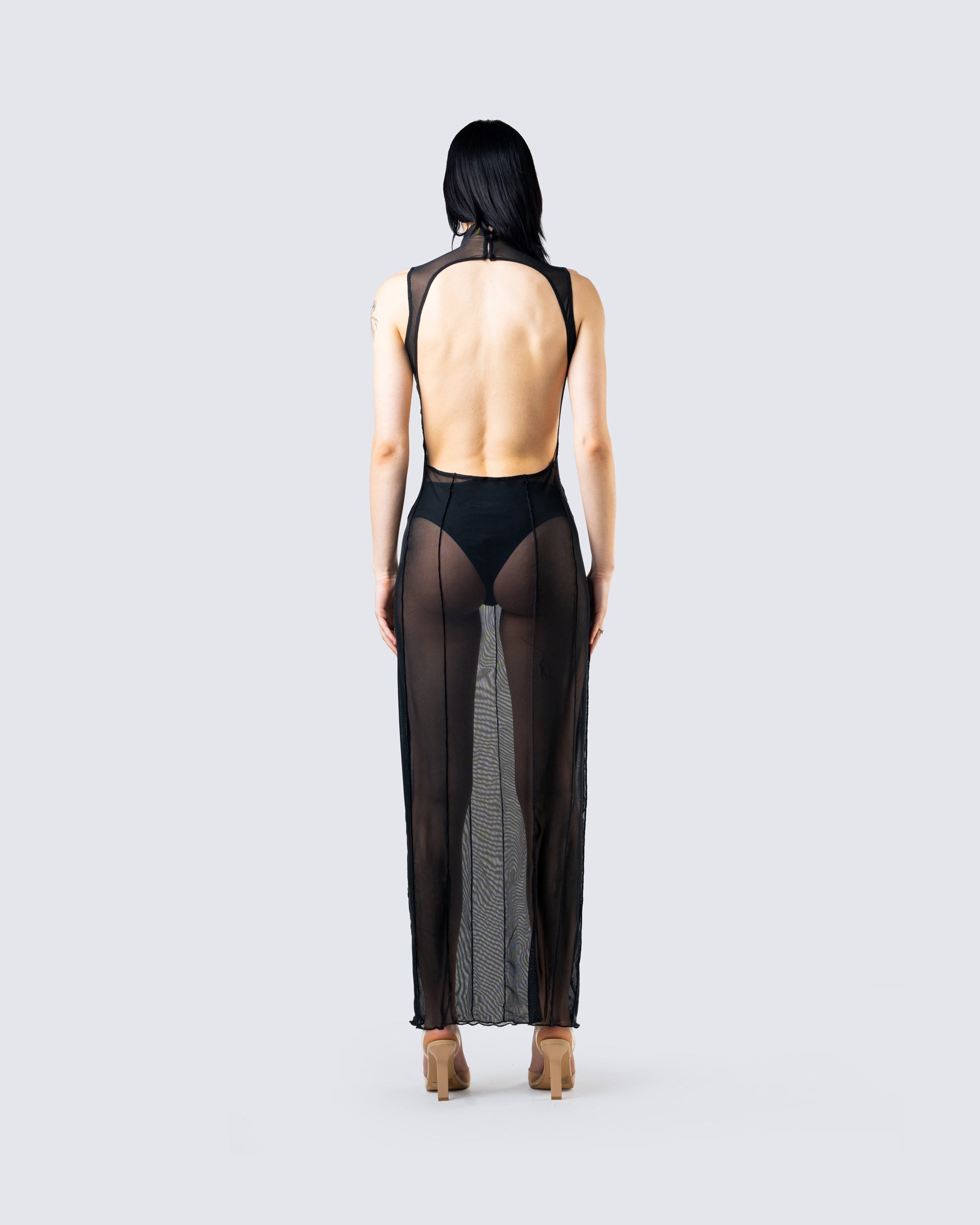 Black Mesh Bodycon Maxi Dress - Sheer Panel Sleeveless FINESSE Black Mesh Bodycon Maxi Dress - Sheer Panel Sleeveless FINESSE