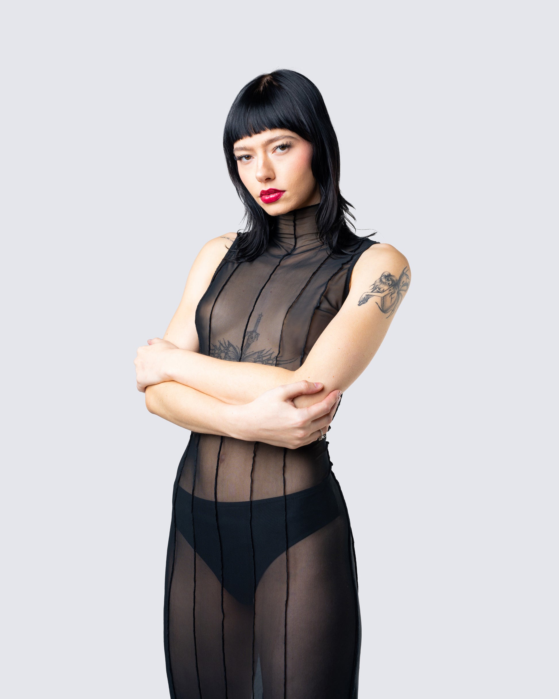 Black Mesh Bodycon Maxi Dress - Sheer Panel Sleeveless FINESSE Black Mesh Bodycon Maxi Dress - Sheer Panel Sleeveless FINESSE