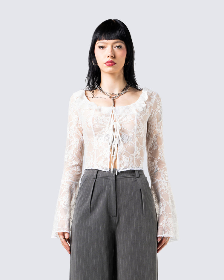Running Lace Ruffle Top Juliet White Lace Ruffle Top