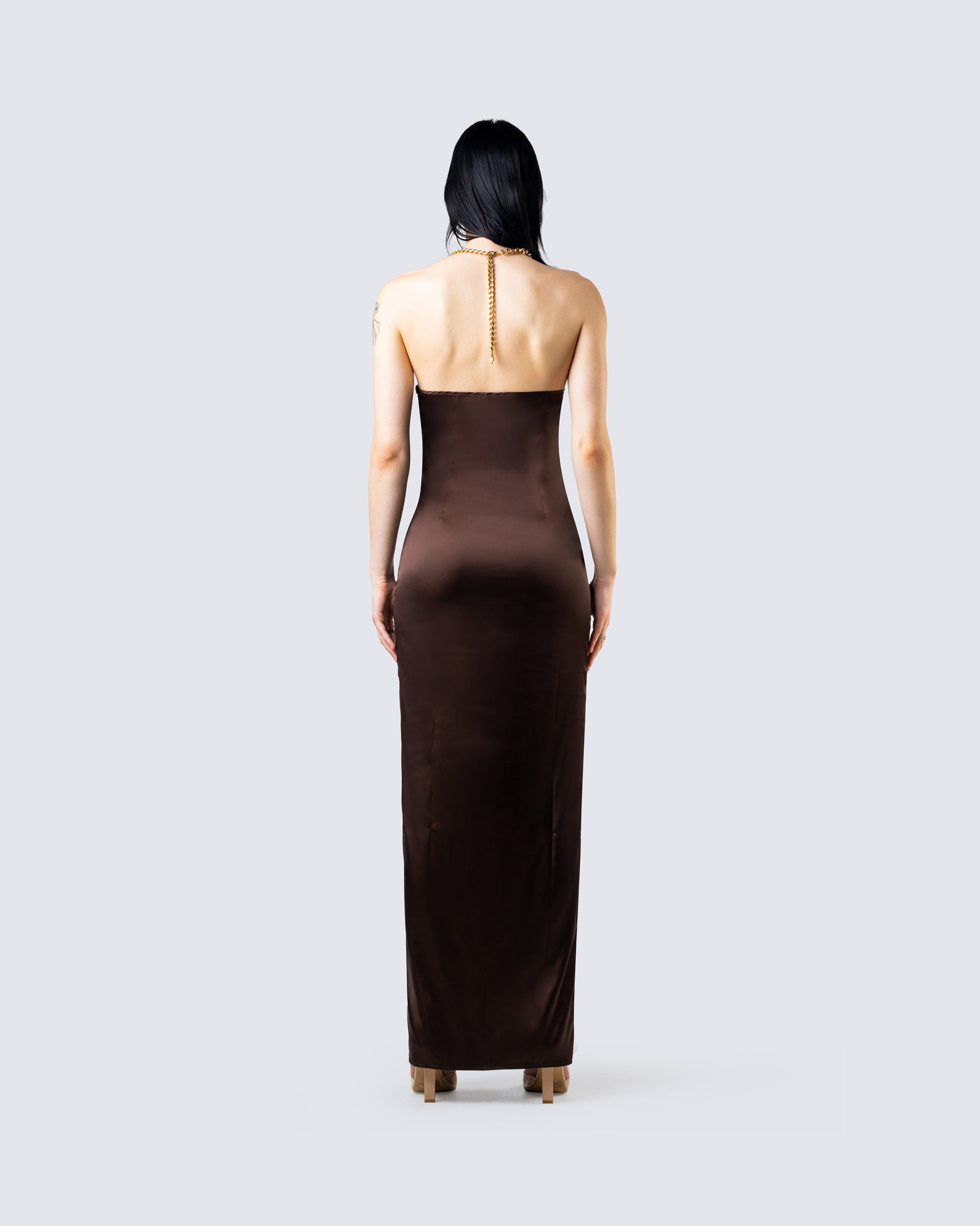 Brown Satin Maxi Dress - Halter Neckline Evening Gown FINESSE Brown Satin Maxi Dress - Halter Neckline Evening Gown FINESSE