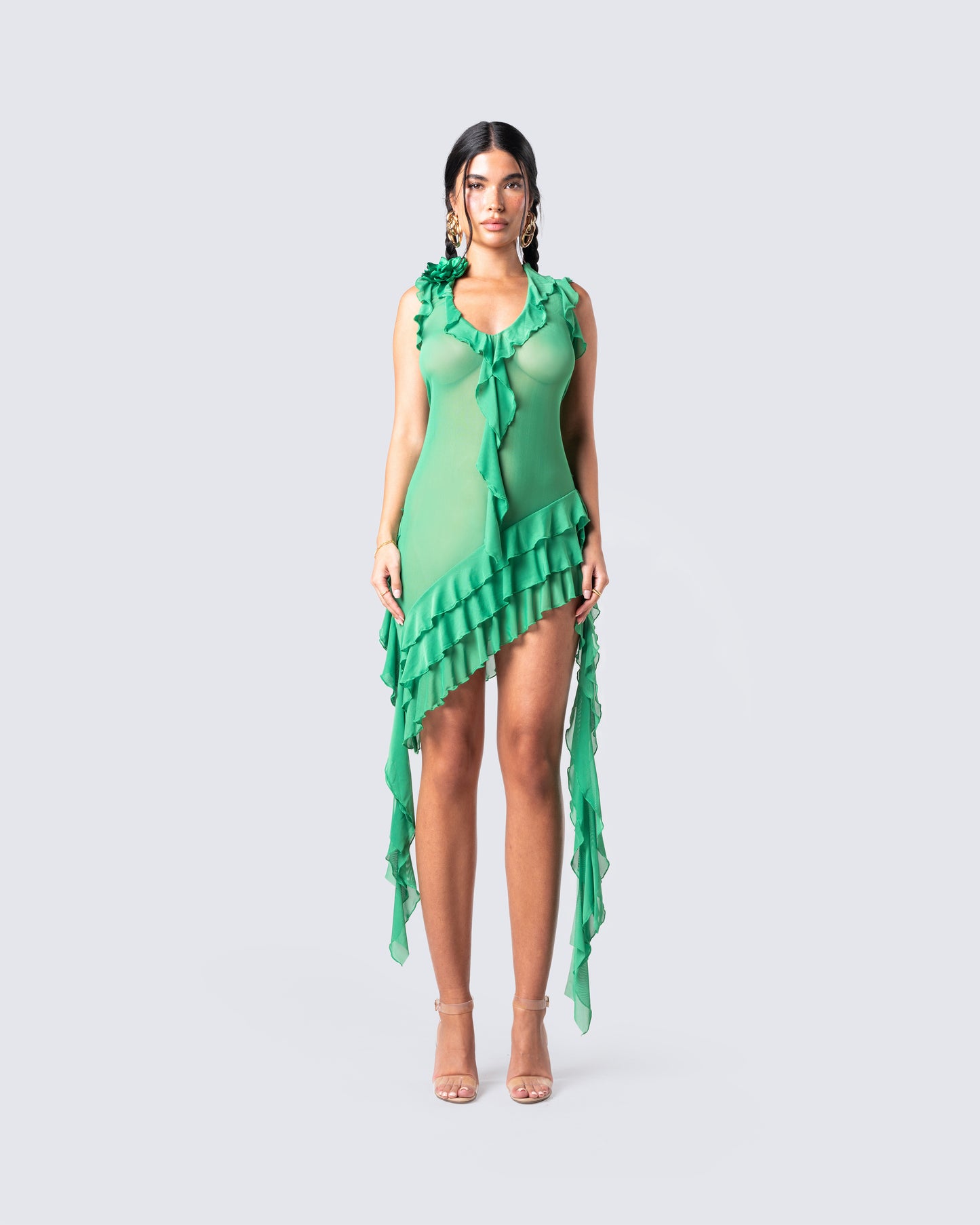 Green Ruffled Mini Dress - Halter Asymmetric Party FINESSE Green Ruffled Mini Dress - Halter Asymmetric Party FINESSE
