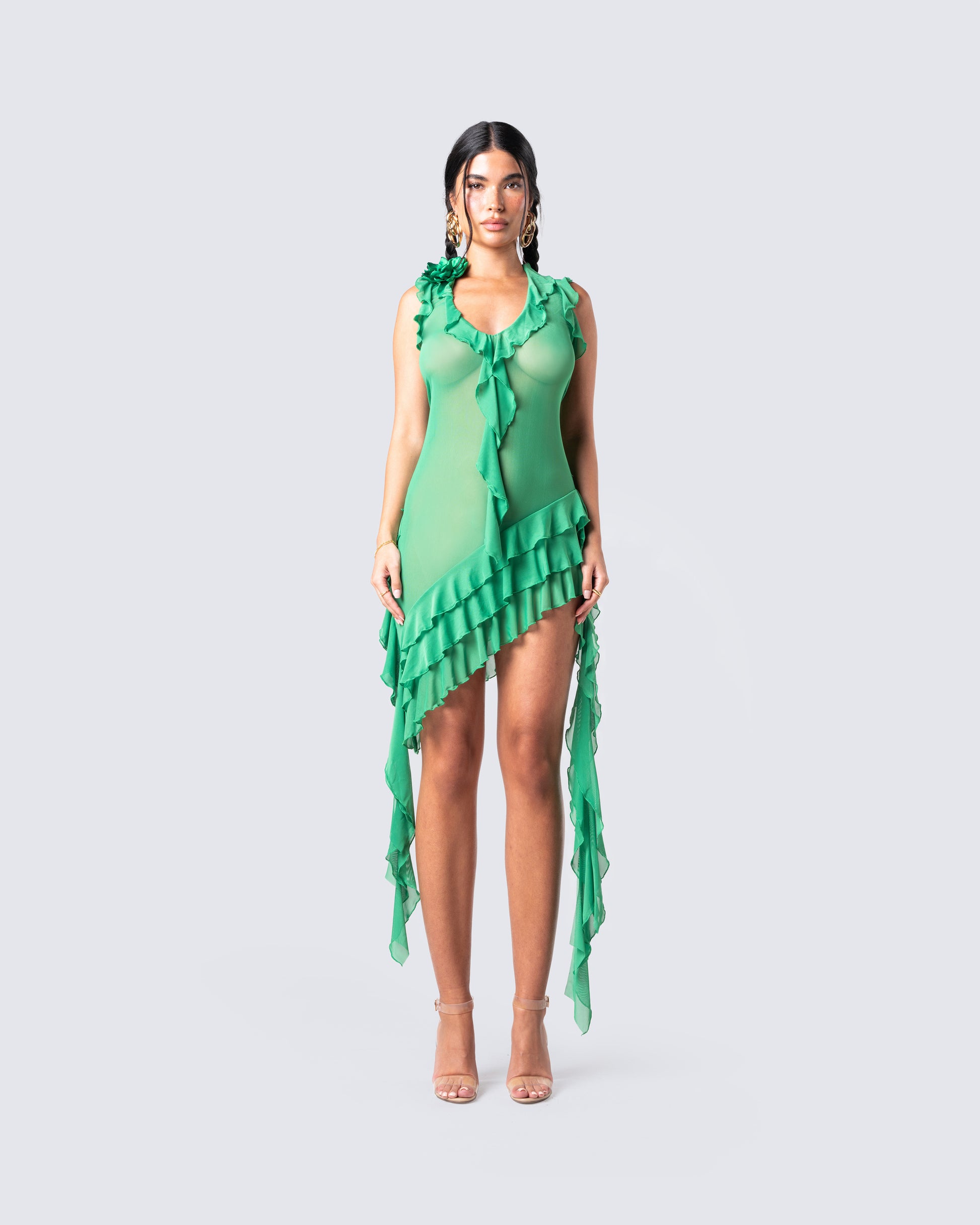 Green Ruffled Mini Dress - Halter Asymmetric Party FINESSE Green Ruffled Mini Dress - Halter Asymmetric Party FINESSE