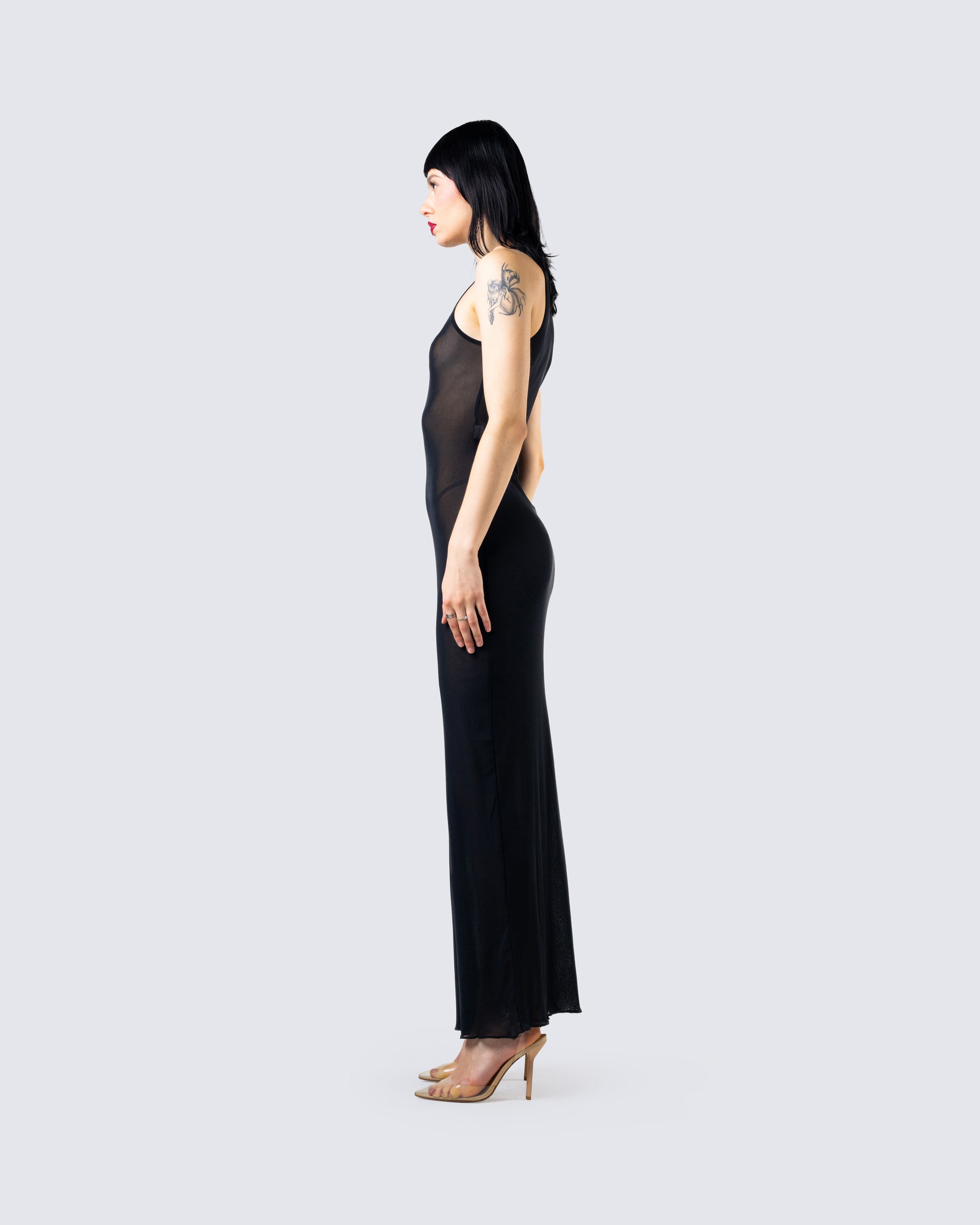 Black Mesh Maxi Dress - Sleeveless Bodycon Ruched FINESSE Black Mesh Maxi Dress - Sleeveless Bodycon Ruched FINESSE