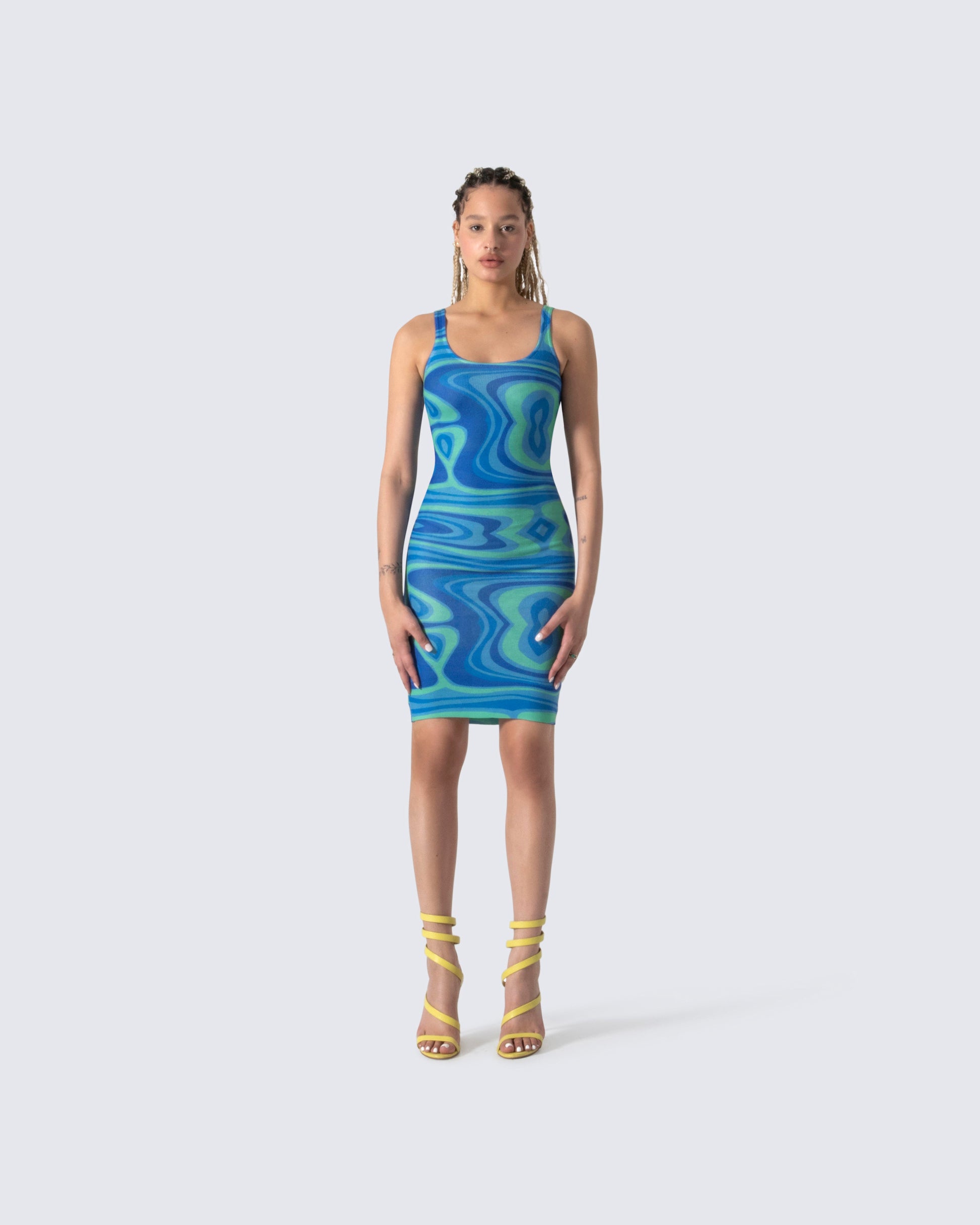 Blue Green Swirl Print Mini Dress - Bodycon Tank FINESSE Blue Green Swirl Print Mini Dress - Bodycon Tank FINESSE