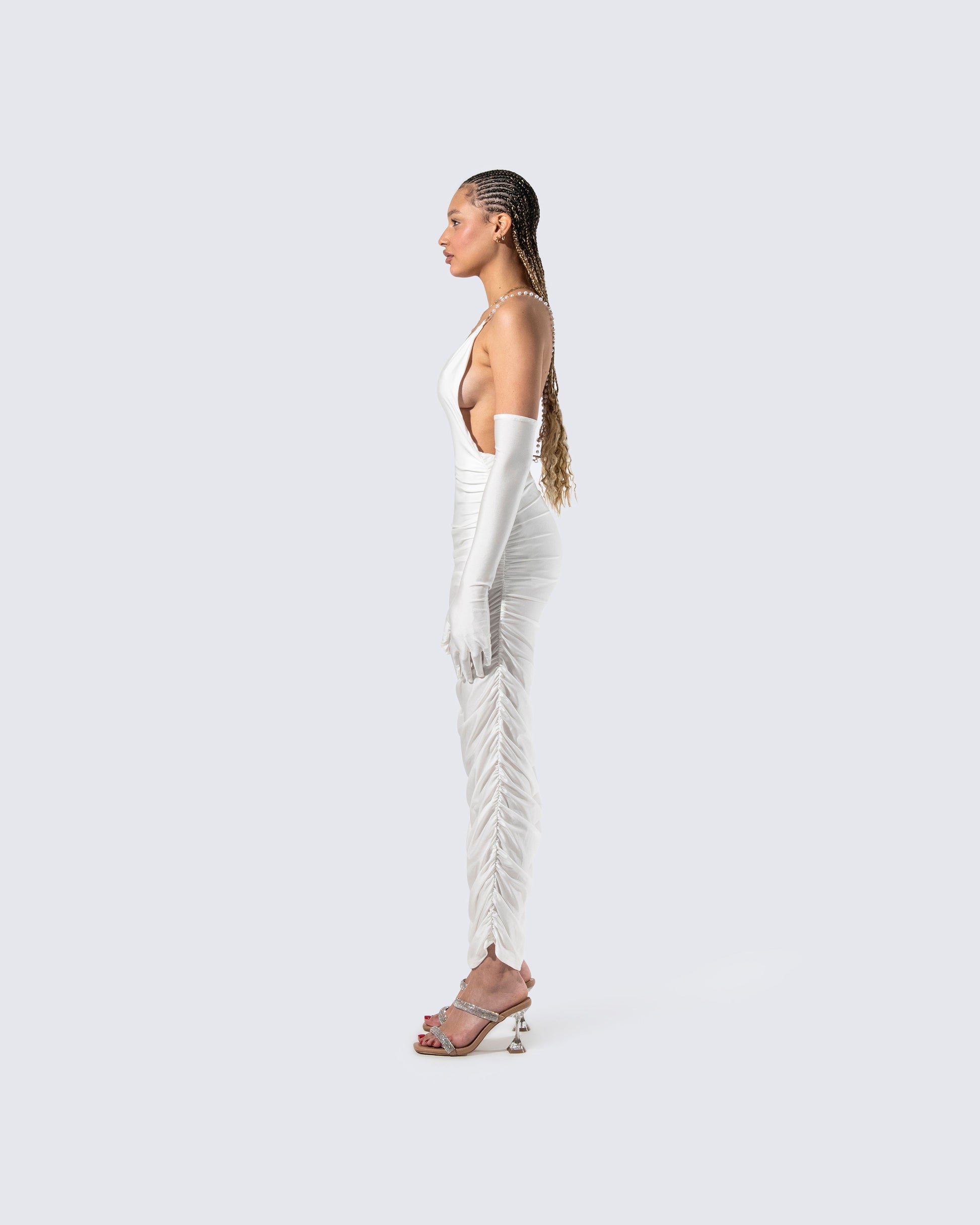 white ruched midi dress Over The Horizon Thick Strap Ruched Midi Dress White