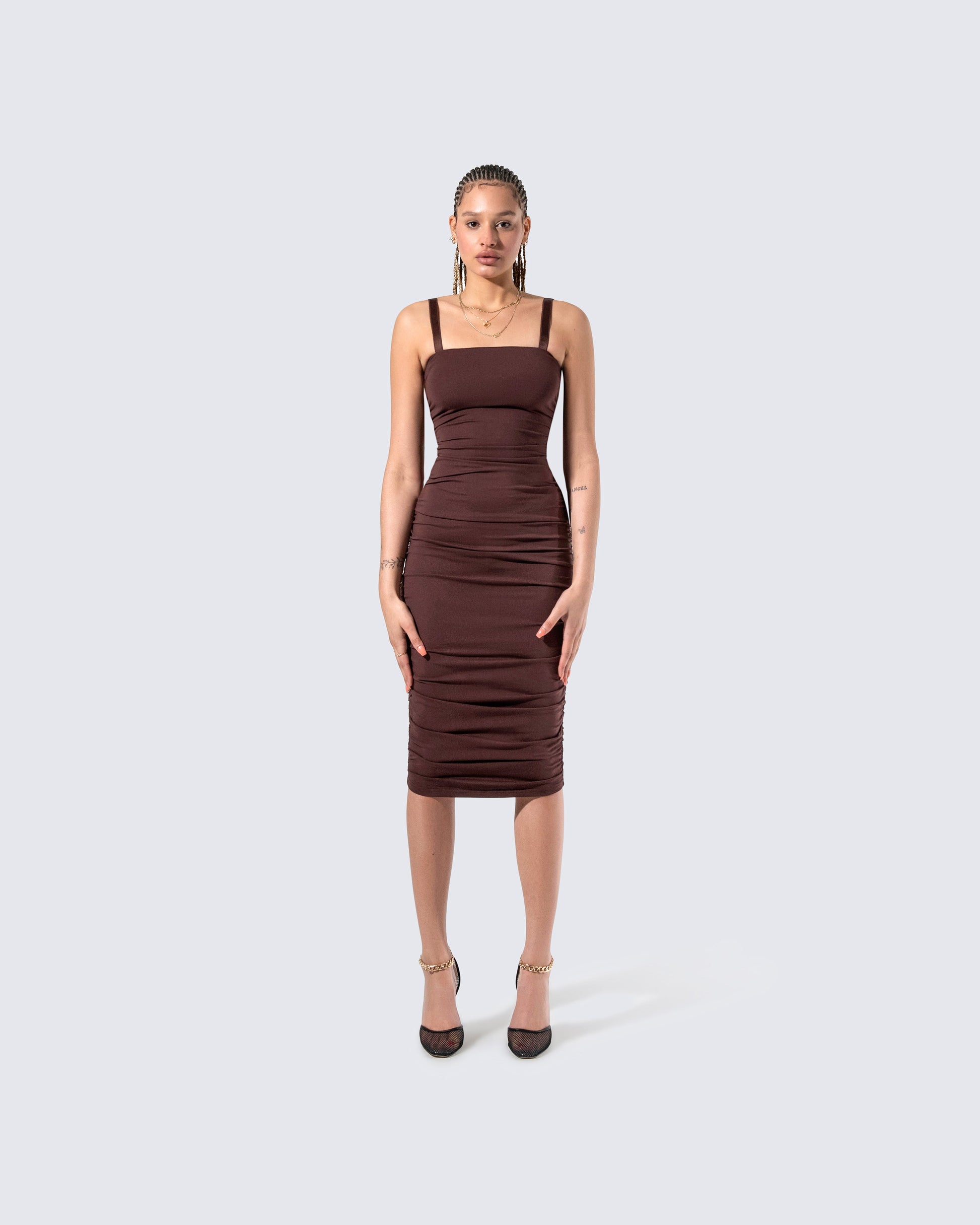 Brown Ruched Midi Dress - Bodycon Strapless FINESSE Brown Ruched Midi Dress - Bodycon Strapless FINESSE