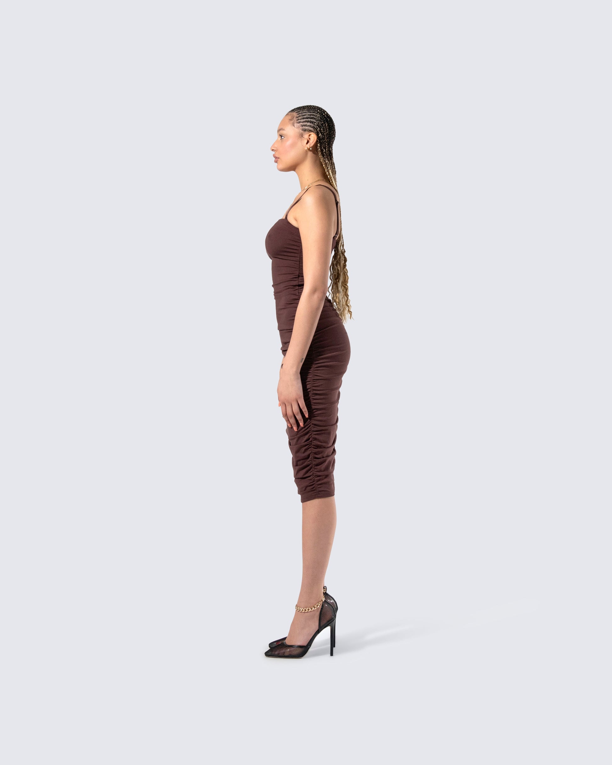 Brown Ruched Midi Dress - Bodycon Strapless FINESSE Brown Ruched Midi Dress - Bodycon Strapless FINESSE