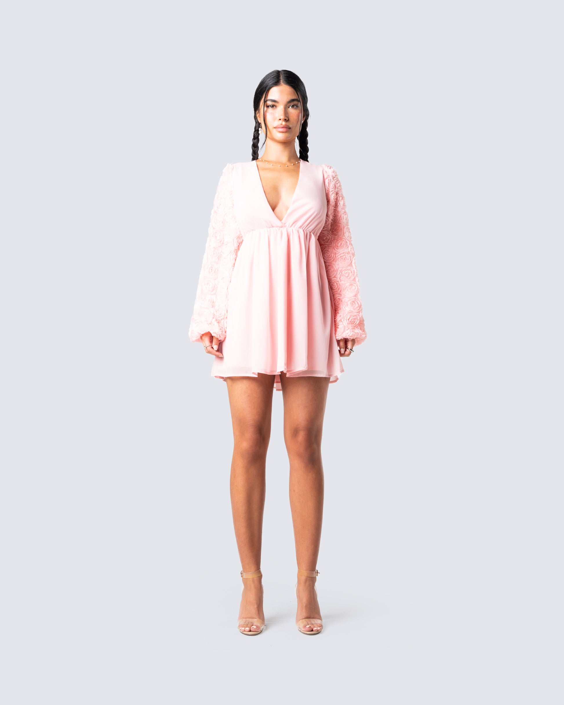 Pink Mini Dress Rose Applique Sleeves - Deep V Party FINESSE Pink Mini Dress Rose Applique Sleeves - Deep V Party FINESSE