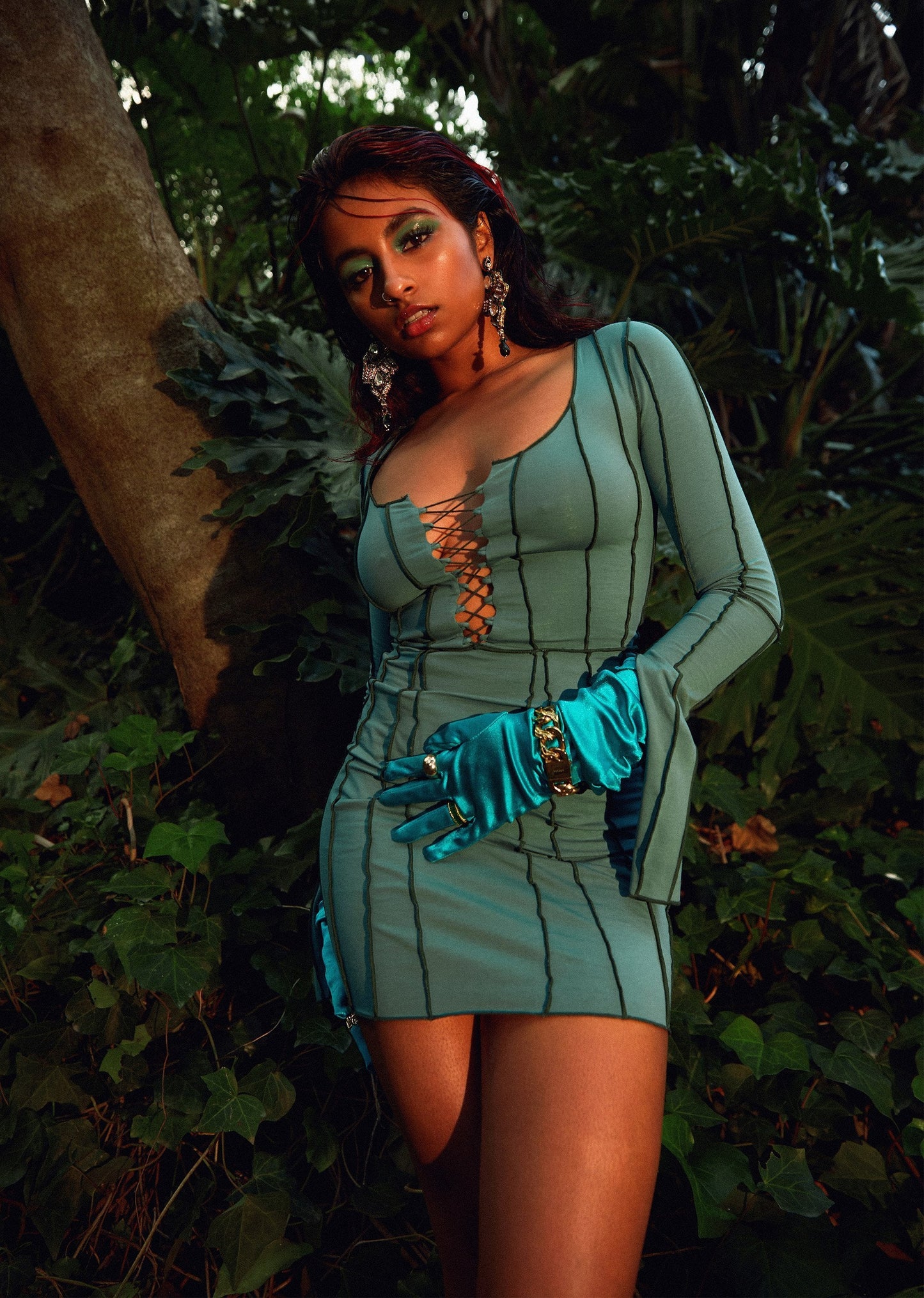 Green Lace Up Mini Dress - Long Sleeve Gothic FINESSE Green Lace Up Mini Dress - Long Sleeve Gothic FINESSE