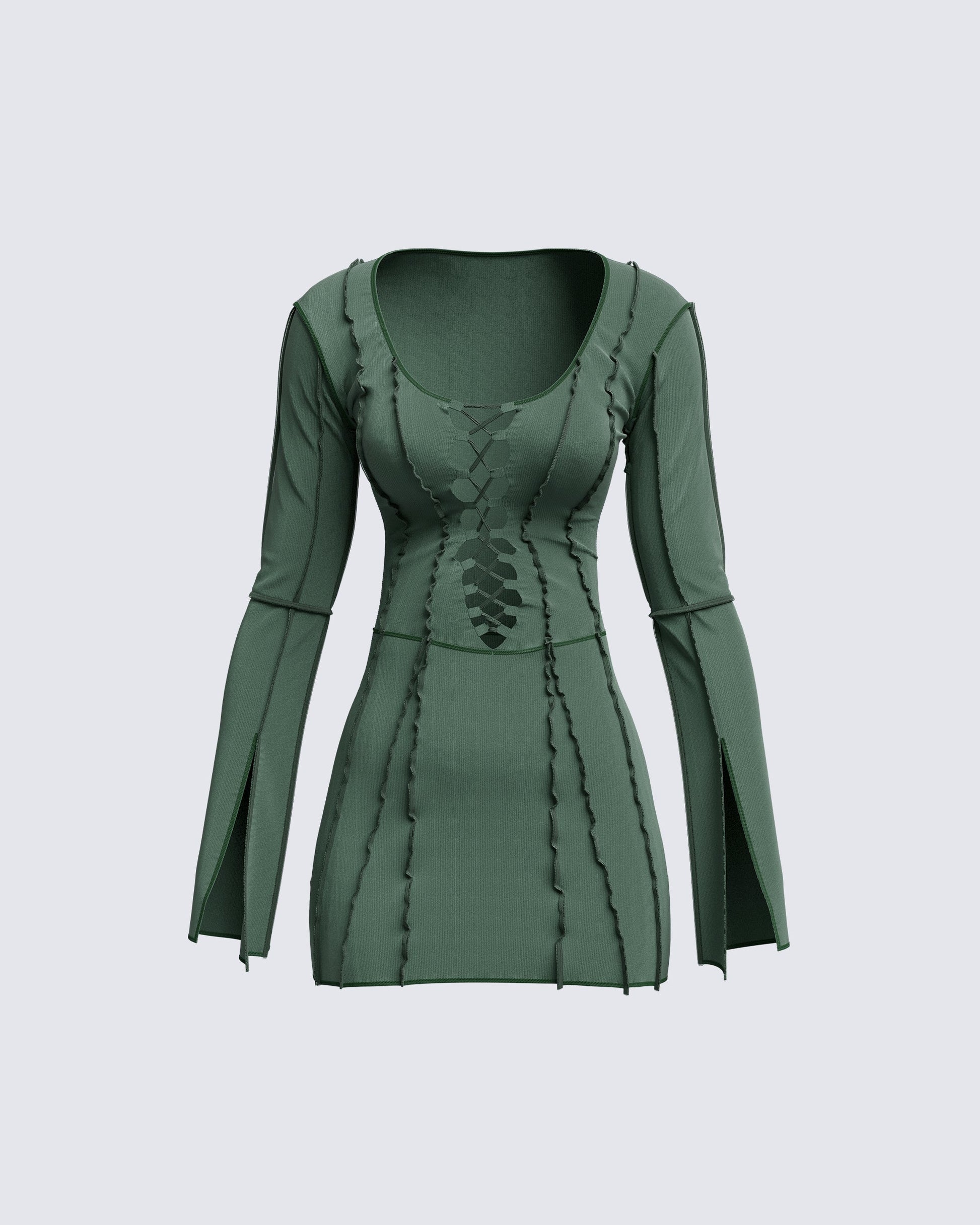 Green Lace Up Mini Dress - Long Sleeve Gothic FINESSE Green Lace Up Mini Dress - Long Sleeve Gothic FINESSE