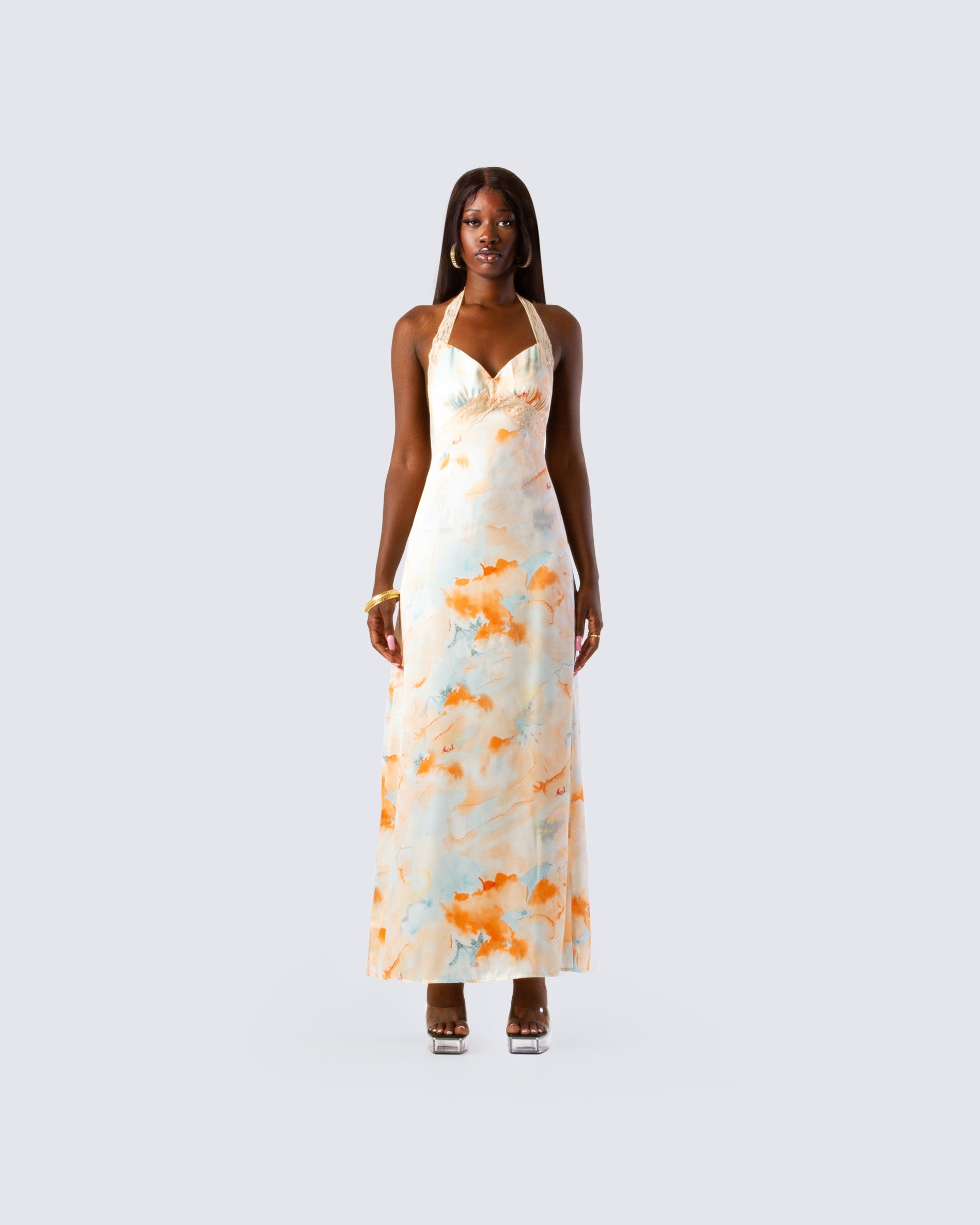 Yellow Abstract Print Halter Maxi Dress - Vacation Ready FINESSE Yellow Abstract Print Halter Maxi Dress - Vacation Ready FINESSE