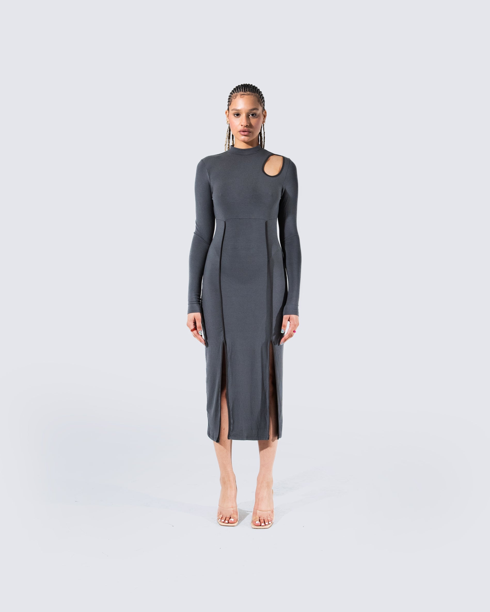 Gray Ribbed Midi Dress - Cutout Long Sleeve Bodycon FINESSE Gray Ribbed Midi Dress - Cutout Long Sleeve Bodycon FINESSE