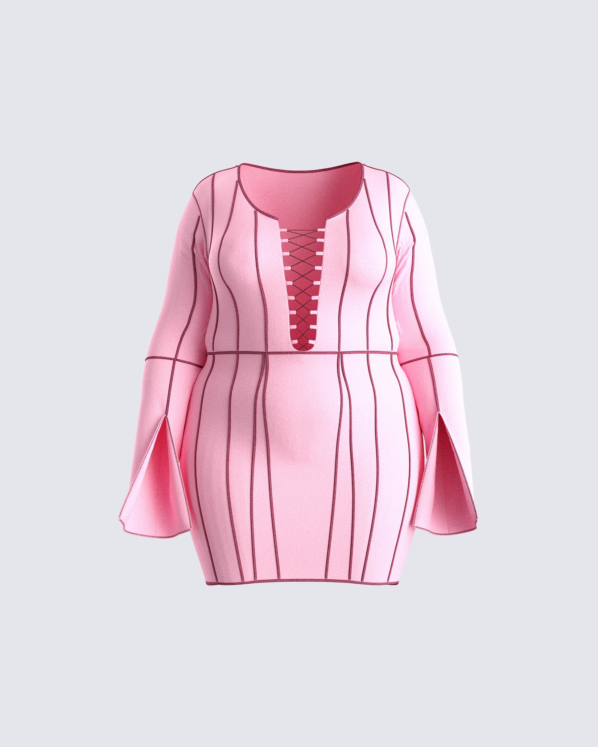 Pink Mini Dress - Contrast Stripe Bodycon Flare Sleeve FINESSE Pink Mini Dress - Contrast Stripe Bodycon Flare Sleeve FINESSE