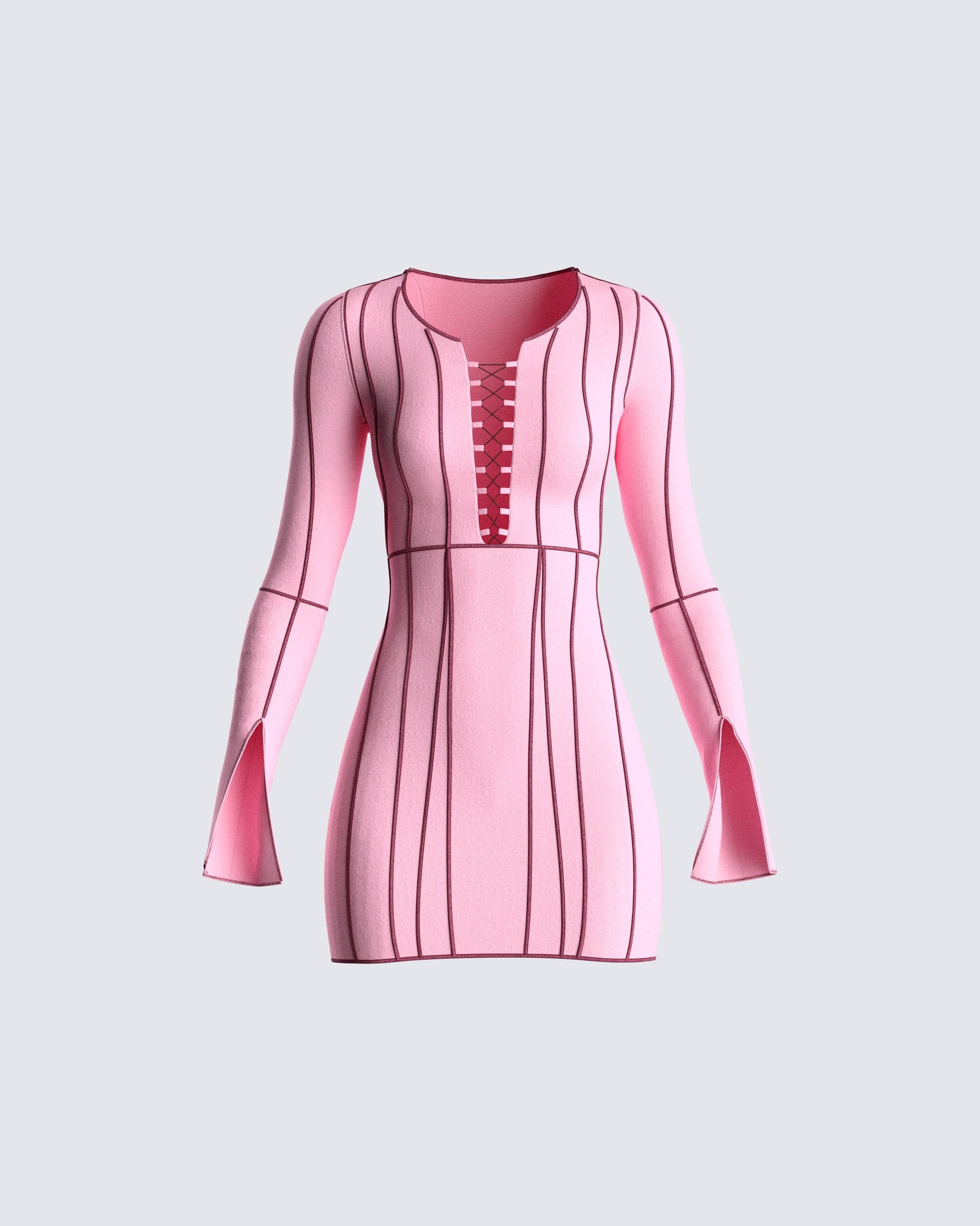 Pink Mini Dress - Contrast Stripe Bodycon Flare Sleeve FINESSE Pink Mini Dress - Contrast Stripe Bodycon Flare Sleeve FINESSE