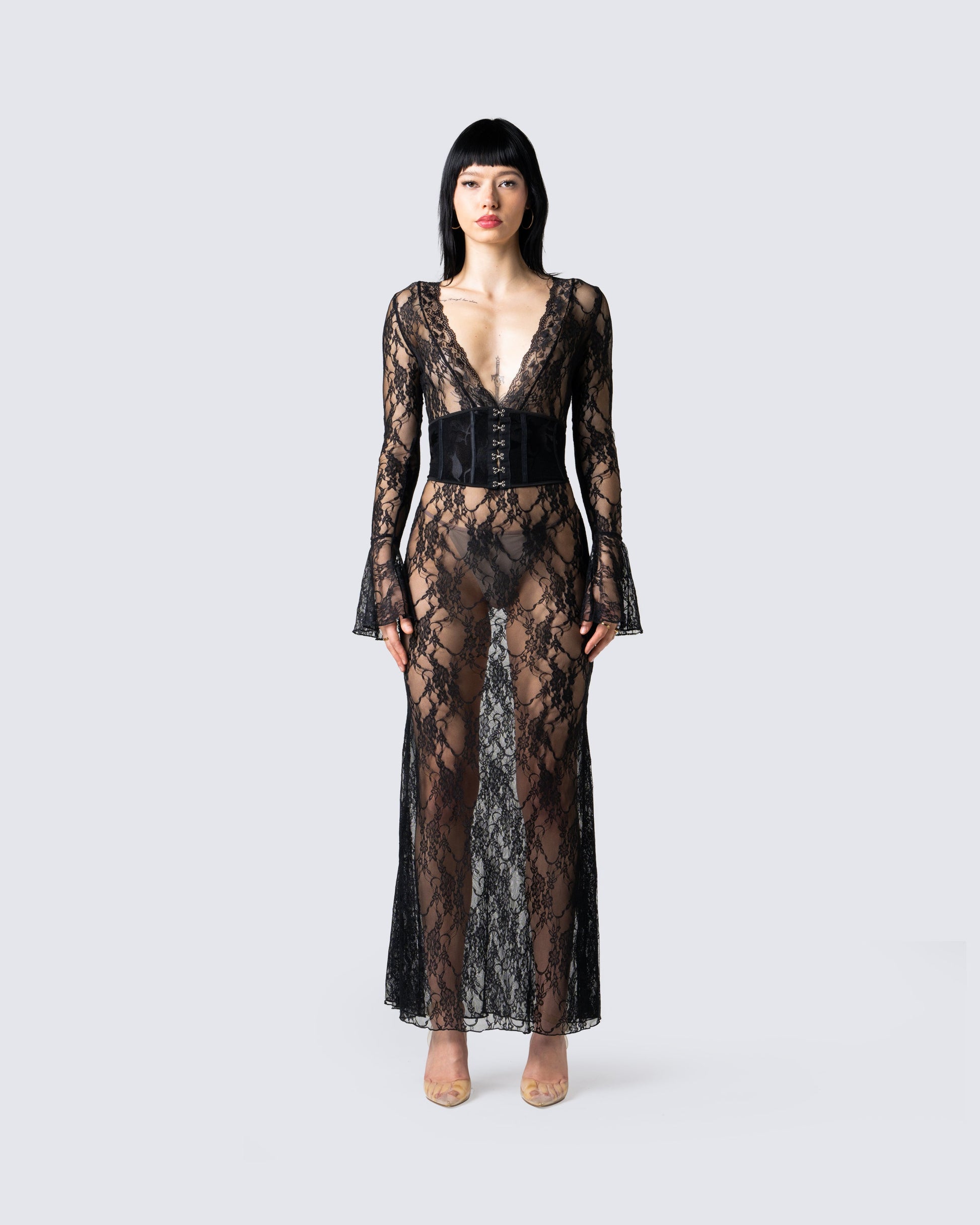 Black Lace Maxi Dress - Long Sleeve Bell Cuff Gothic FINESSE Black Lace Maxi Dress - Long Sleeve Bell Cuff Gothic FINESSE