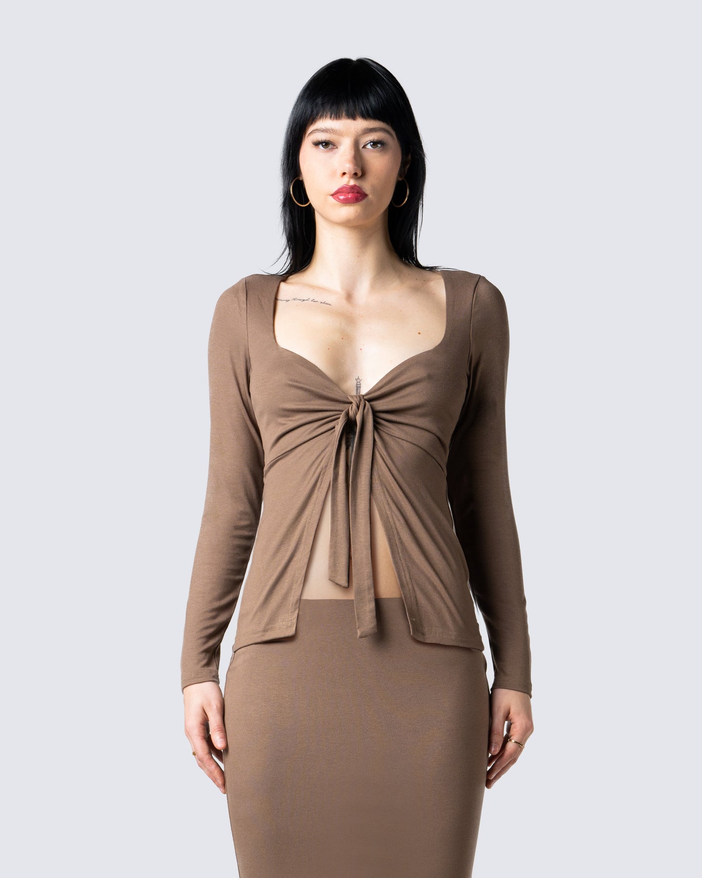 Abra Taupe Tie Front Top