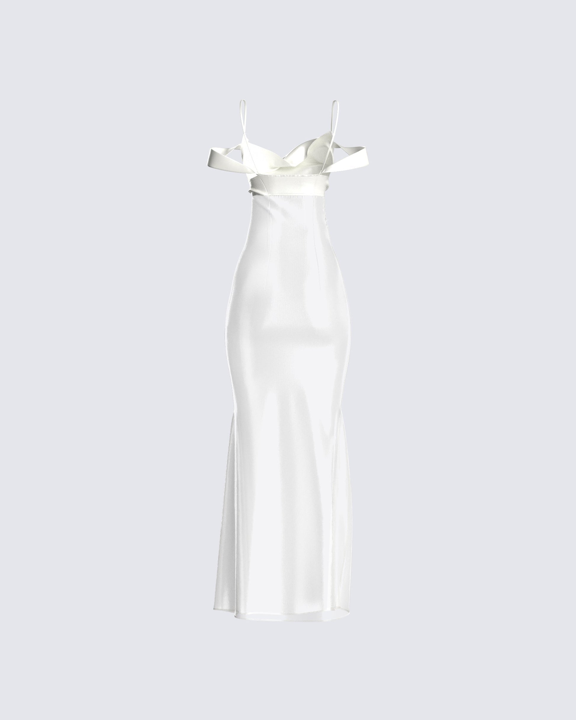 Ivory Satin Maxi Dress - Off Shoulder Formal Gown FINESSE Ivory Satin Maxi Dress - Off Shoulder Formal Gown FINESSE