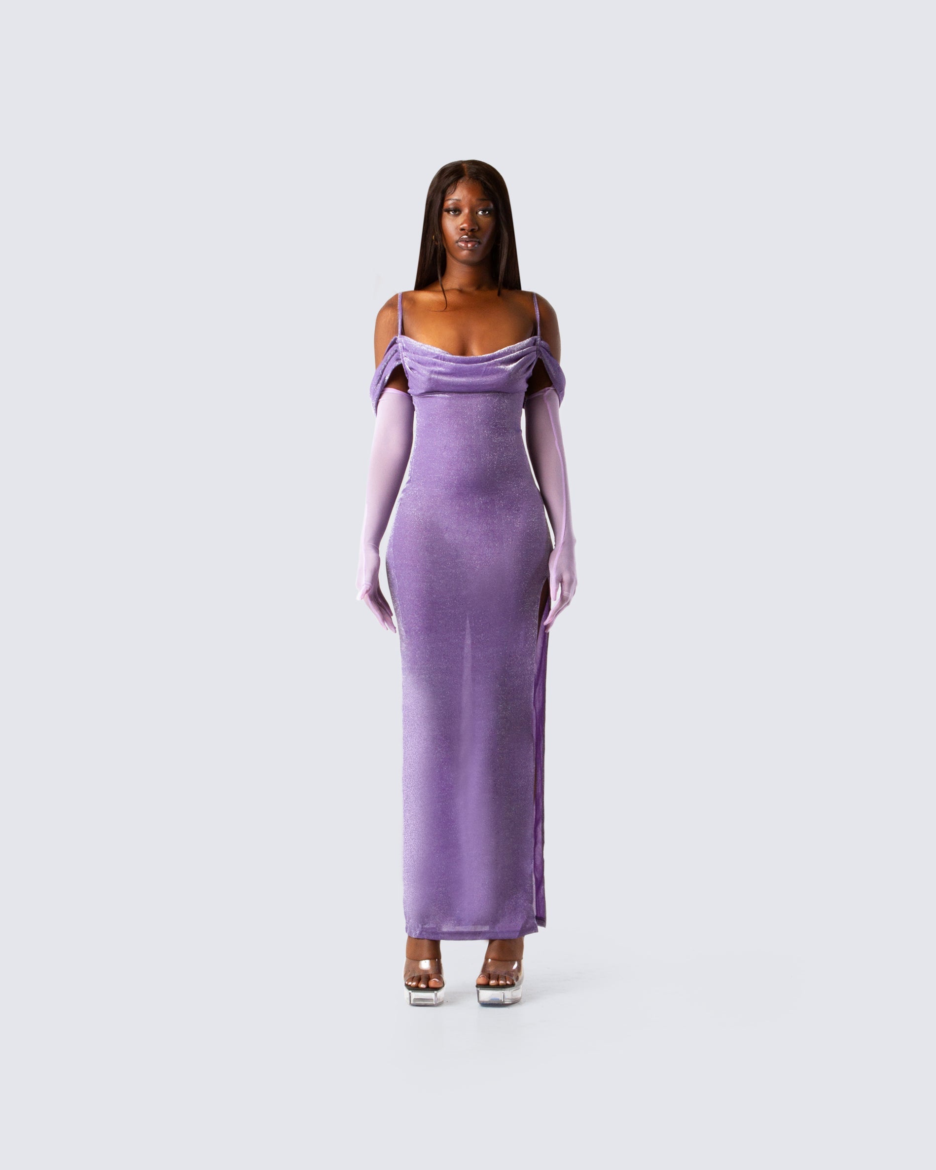 Purple Metallic Maxi Dress - Off Shoulder Evening Gown FINESSE Purple Metallic Maxi Dress - Off Shoulder Evening Gown FINESSE