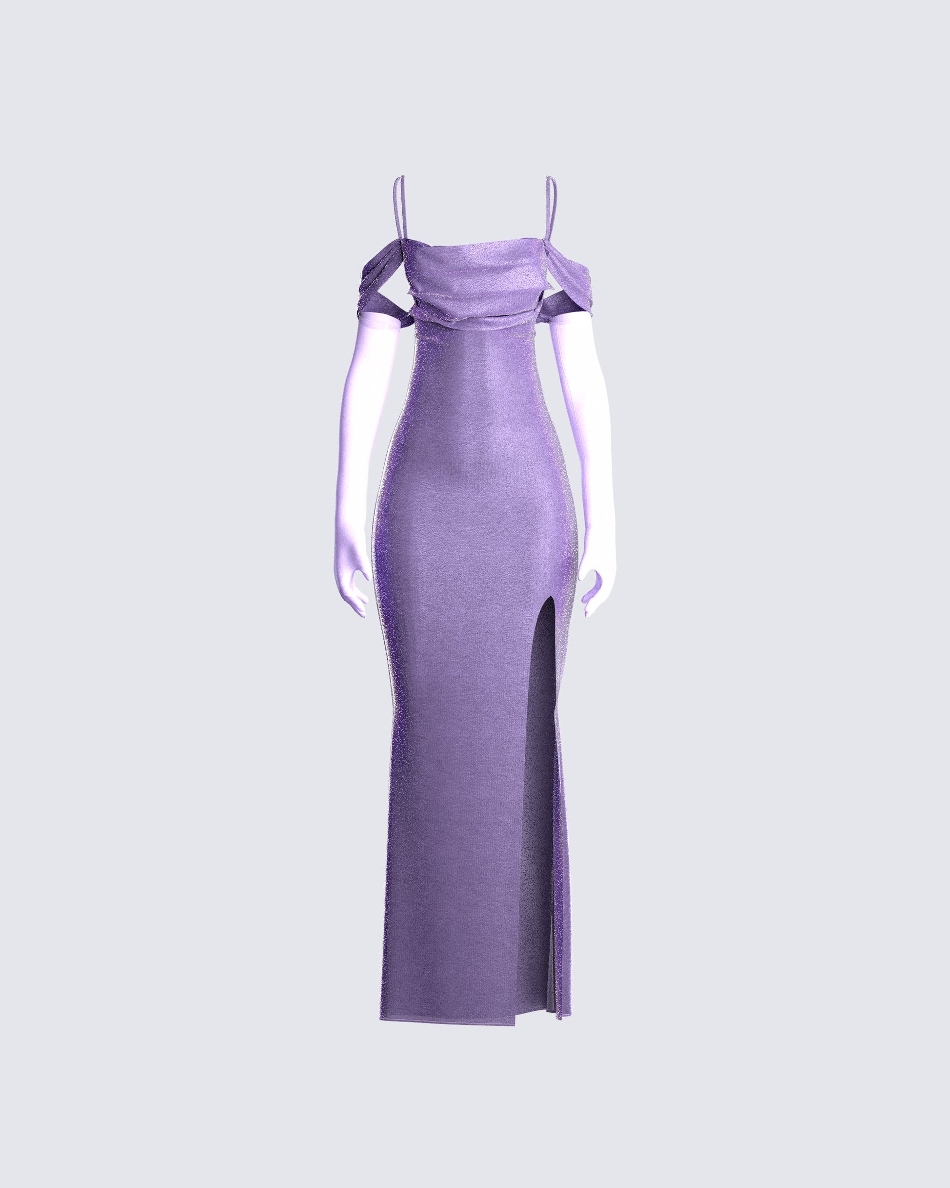 Purple Metallic Maxi Dress - Off Shoulder Evening Gown FINESSE Purple Metallic Maxi Dress - Off Shoulder Evening Gown FINESSE