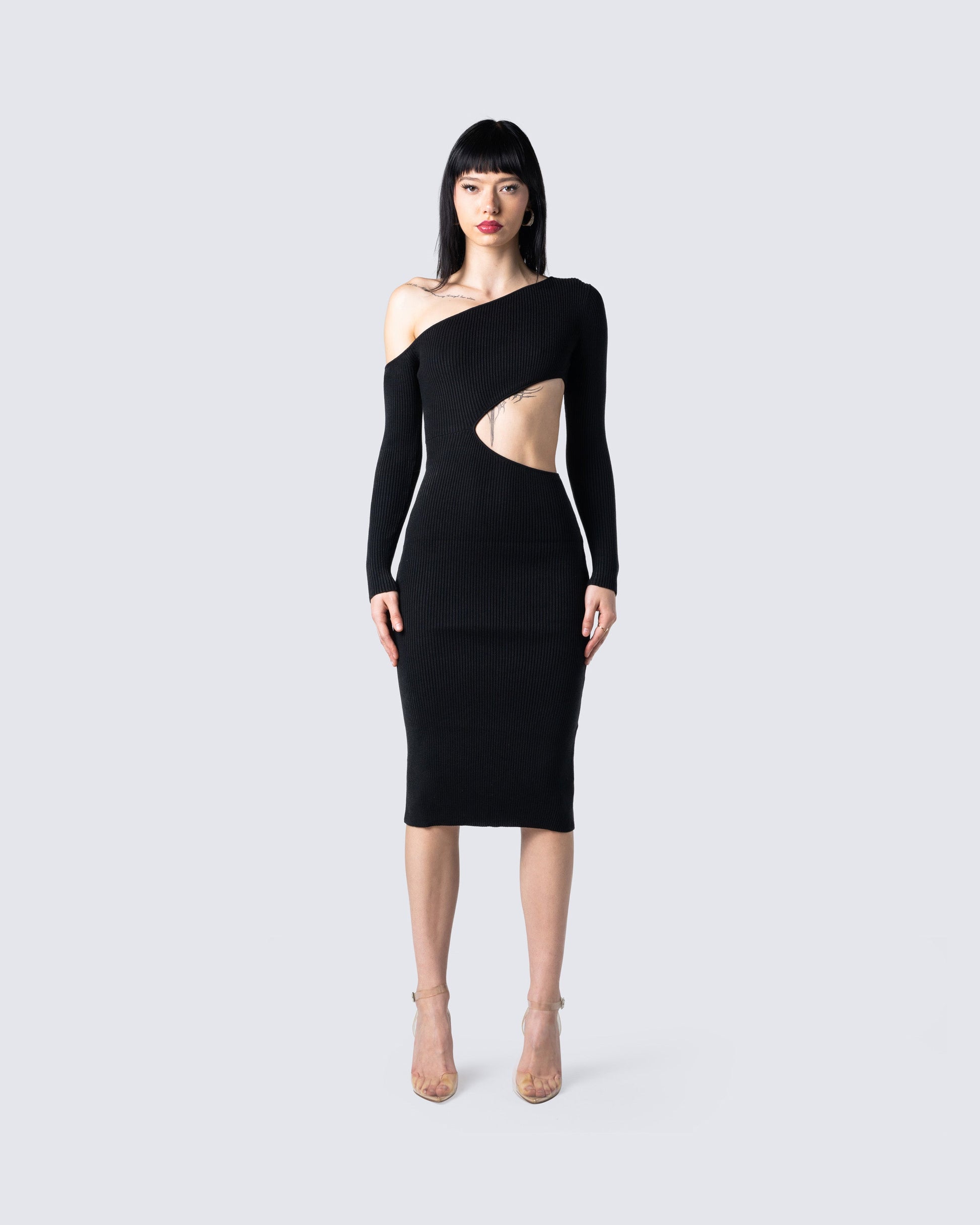 Black One Shoulder Cutout Midi Dress - Ribbed Knit FINESSE Black One Shoulder Cutout Midi Dress - Ribbed Knit FINESSE