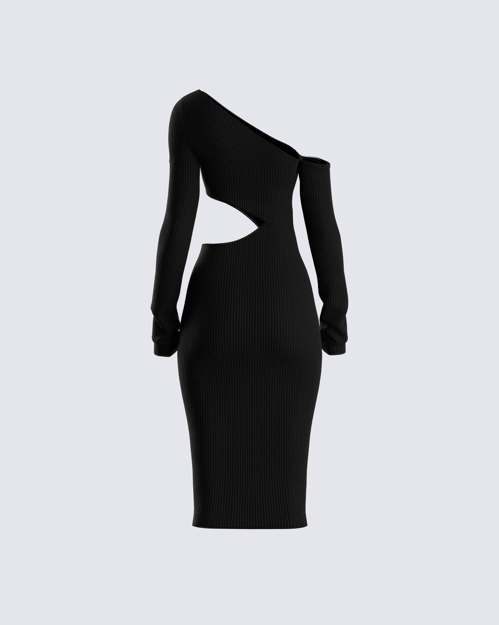 Black One Shoulder Cutout Midi Dress - Ribbed Knit FINESSE Black One Shoulder Cutout Midi Dress - Ribbed Knit FINESSE