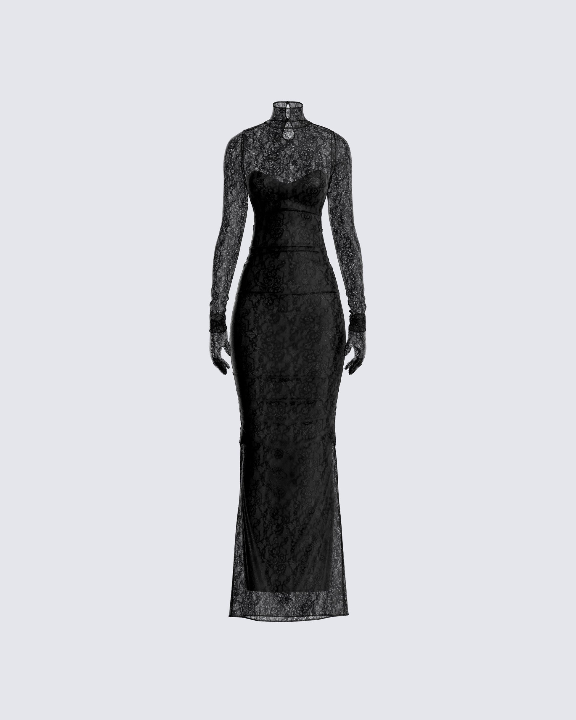Black Lace Maxi Dress Set - Gothic Mock Neck Gown FINESSE Black Lace Maxi Dress Set - Gothic Mock Neck Gown FINESSE