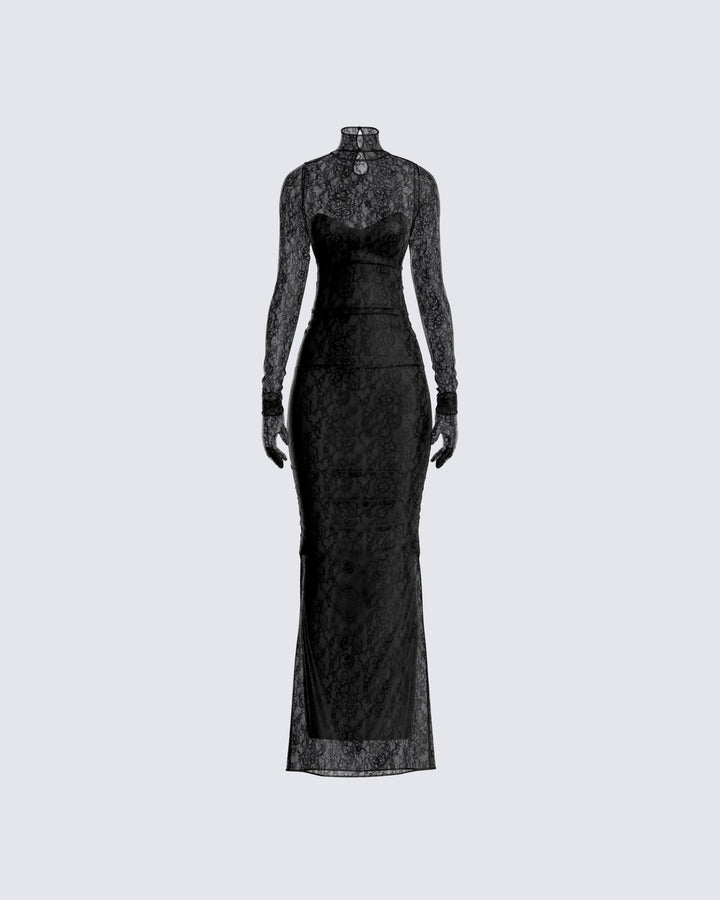 Black Lace Top with Gloves - Sheer Turtleneck Long Sleeve FINESSE Black Lace Top with Gloves - Sheer Turtleneck Long Sleeve FINESSE