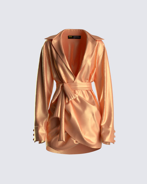 Orange Satin Wrap Dress - Long Sleeve Blazer Mini FINESSE Orange Satin Wrap Dress - Long Sleeve Blazer Mini FINESSE