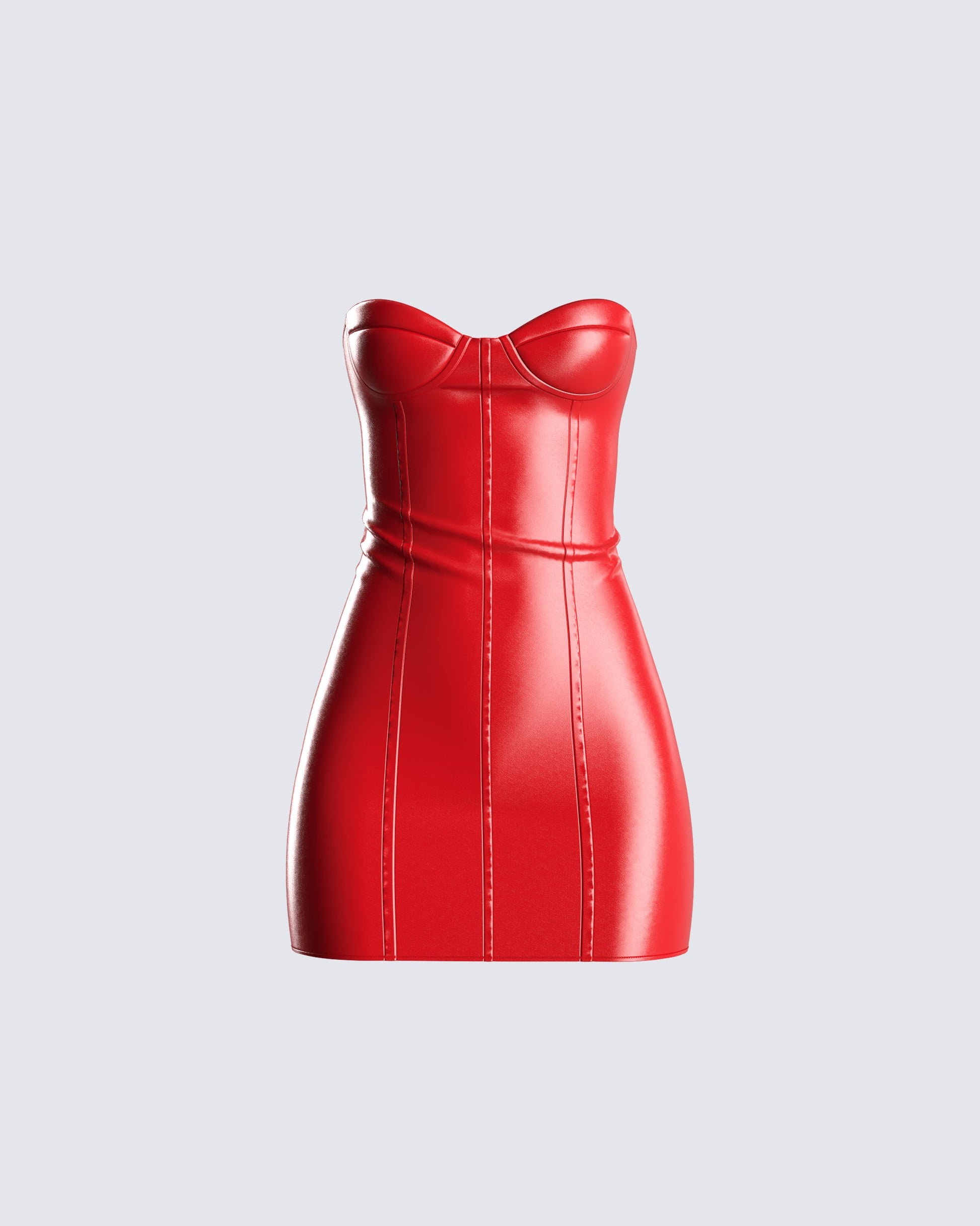 Red Vegan Leather Mini Dress - Strapless Corset Bodycon FINESSE Red Vegan Leather Mini Dress - Strapless Corset Bodycon FINESSE