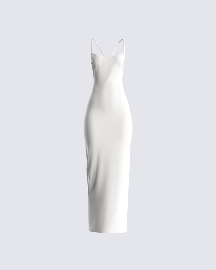 White Metallic Maxi Dress - Fitted Spaghetti Strap FINESSE White Metallic Maxi Dress - Fitted Spaghetti Strap FINESSE