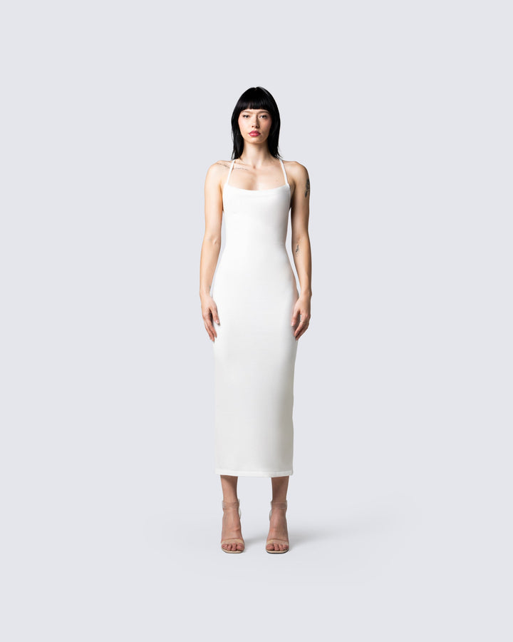 White Metallic Maxi Dress - Fitted Spaghetti Strap FINESSE White Metallic Maxi Dress - Fitted Spaghetti Strap FINESSE