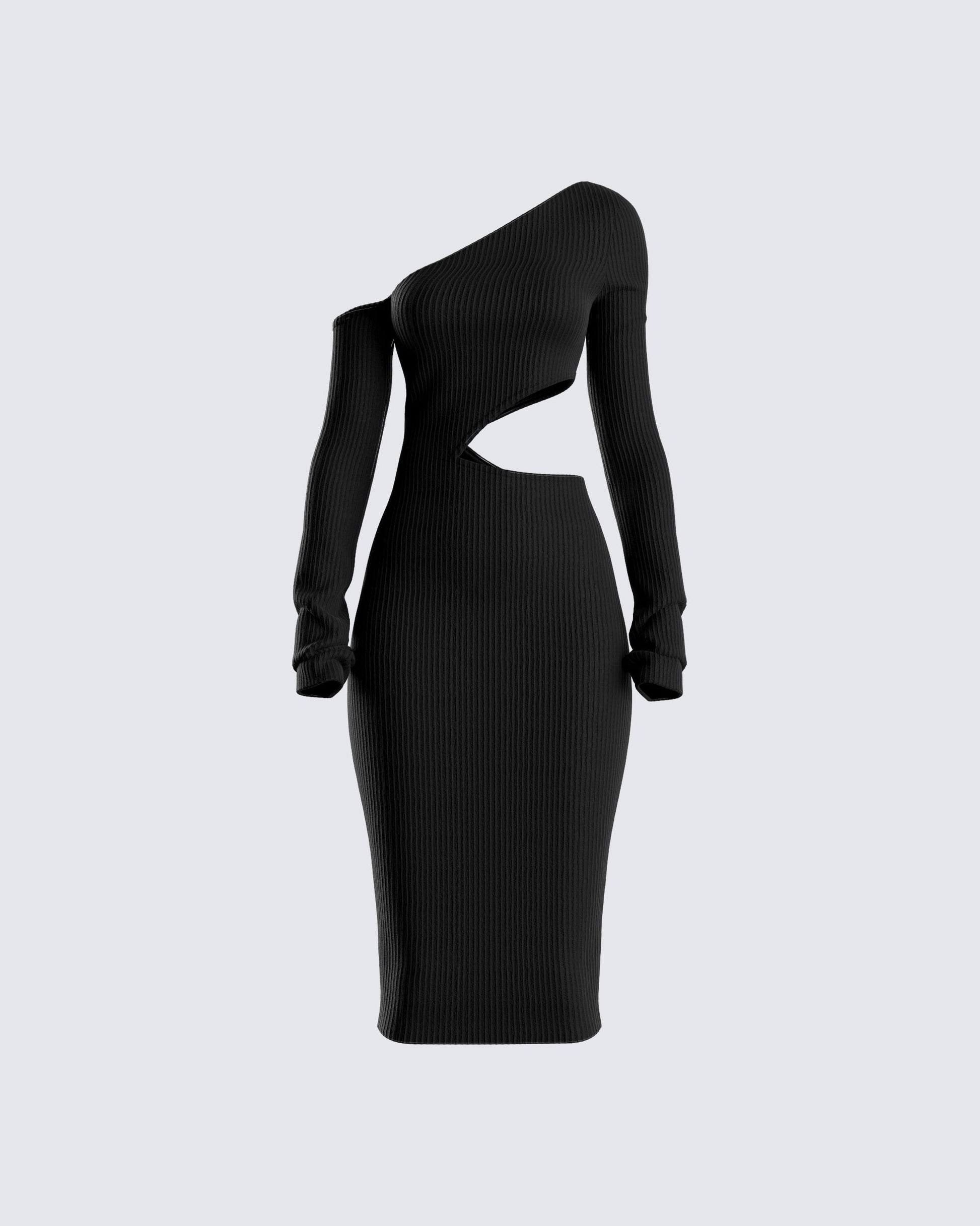 Black One Shoulder Cutout Midi Dress - Ribbed Knit FINESSE Black One Shoulder Cutout Midi Dress - Ribbed Knit FINESSE