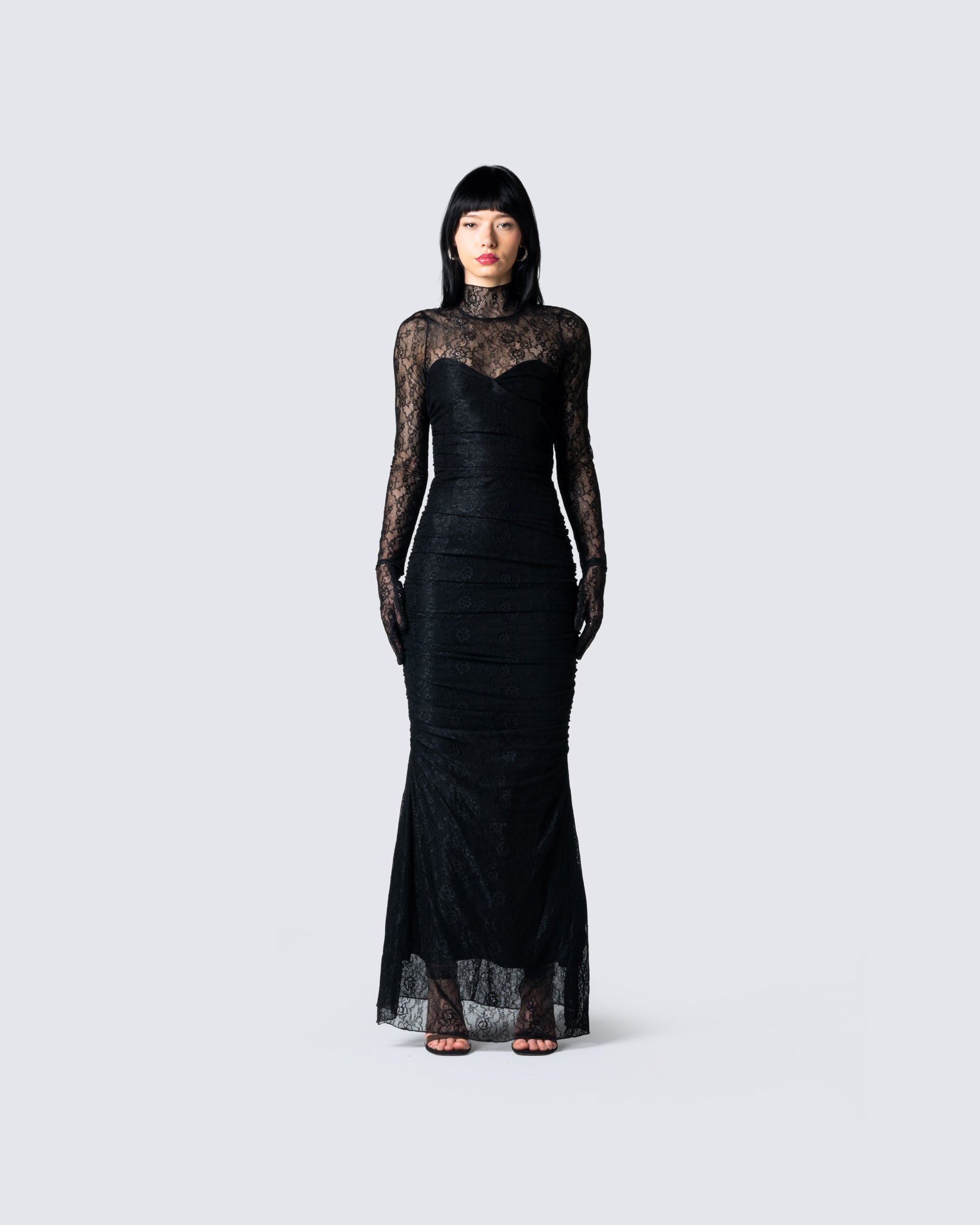 Black Lace Top with Gloves - Sheer Turtleneck Long Sleeve M Black Lace Top with Gloves - Sheer Turtleneck Long Sleeve M