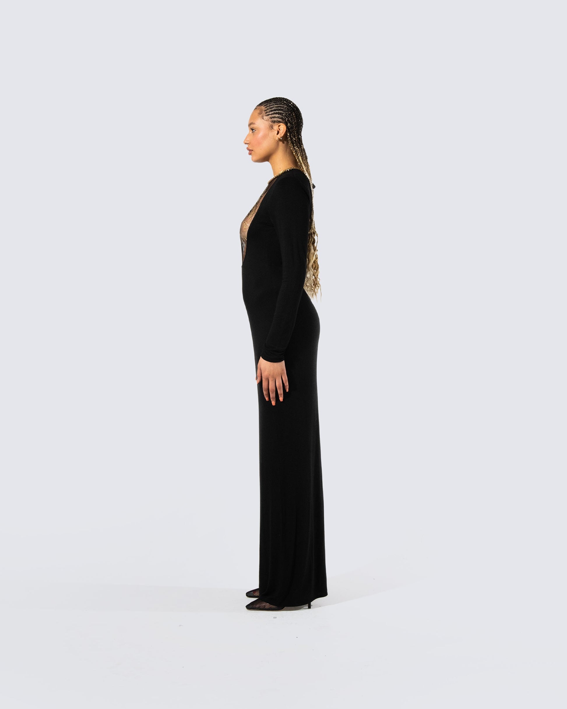 Black Maxi Dress - Gold Embellished Long Sleeve Gown FINESSE Black Maxi Dress - Gold Embellished Long Sleeve Gown FINESSE