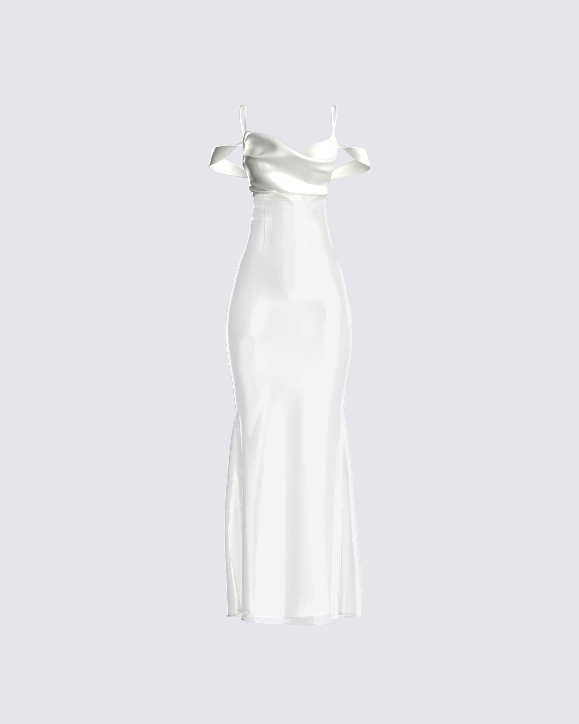 Ivory Satin Maxi Dress - Off Shoulder Formal Gown FINESSE Ivory Satin Maxi Dress - Off Shoulder Formal Gown FINESSE